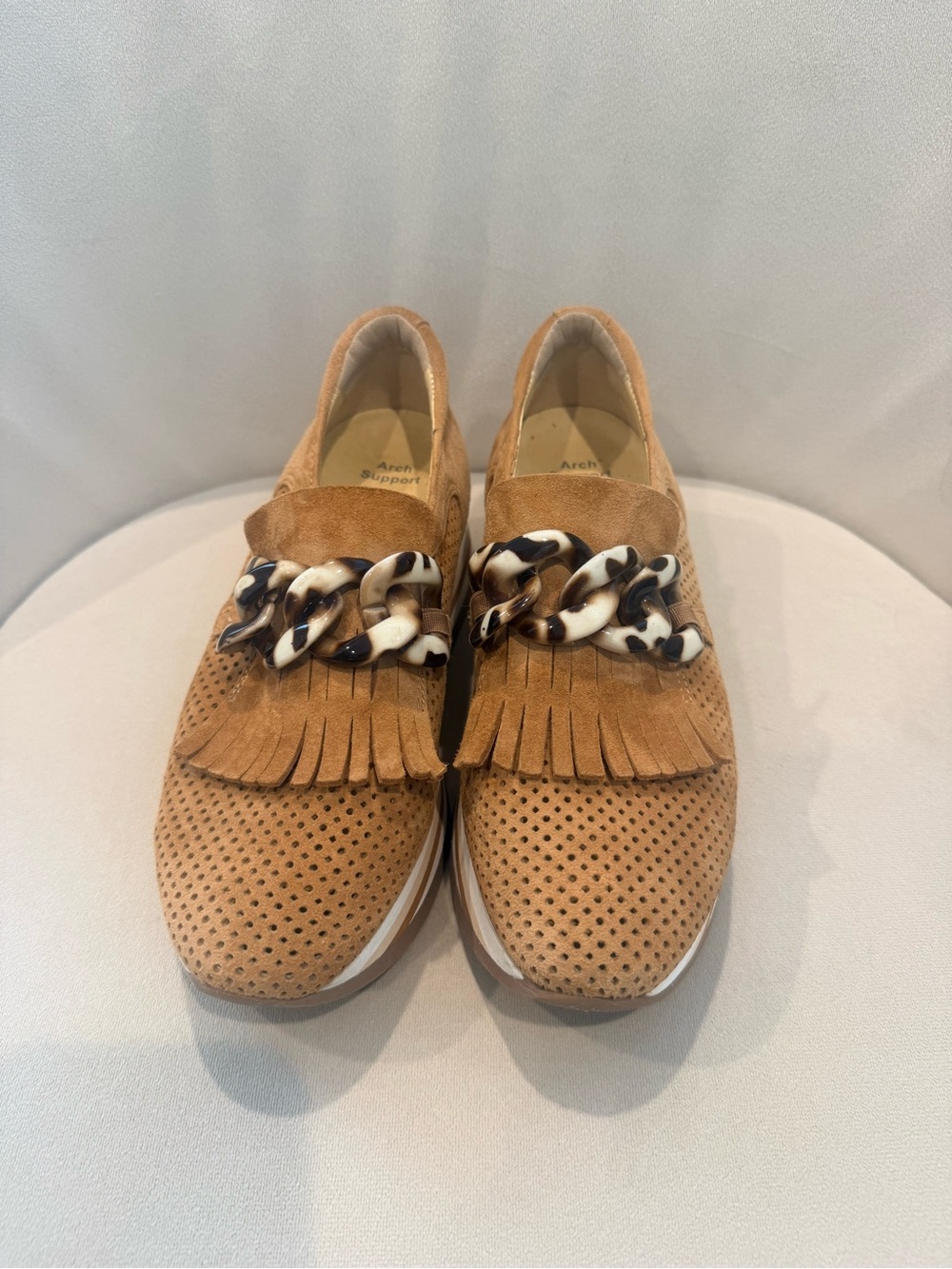 Tan Suede Fringe Slip-On Loafers with Tortoiseshell Chain